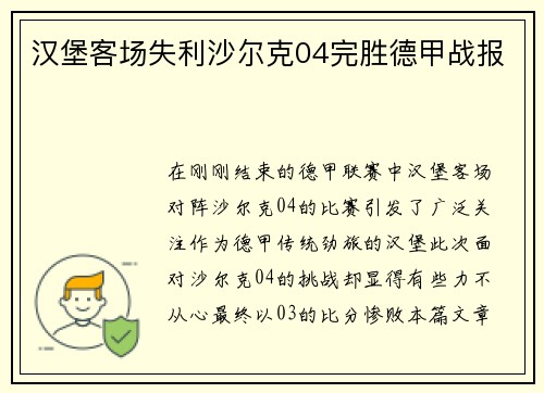汉堡客场失利沙尔克04完胜德甲战报