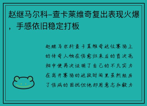赵继马尔科-查卡莱维奇复出表现火爆，手感依旧稳定打板