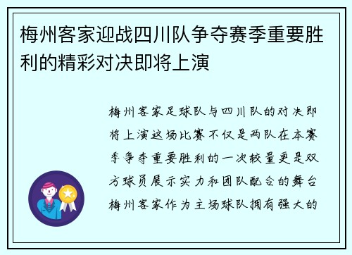 梅州客家迎战四川队争夺赛季重要胜利的精彩对决即将上演