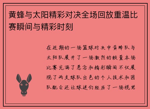 黄蜂与太阳精彩对决全场回放重温比赛瞬间与精彩时刻