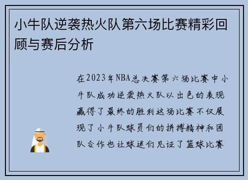 小牛队逆袭热火队第六场比赛精彩回顾与赛后分析