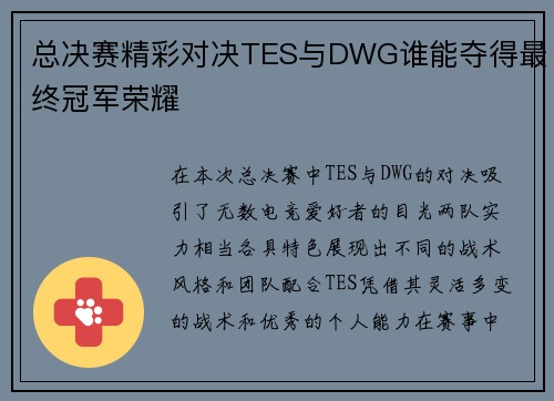 总决赛精彩对决TES与DWG谁能夺得最终冠军荣耀