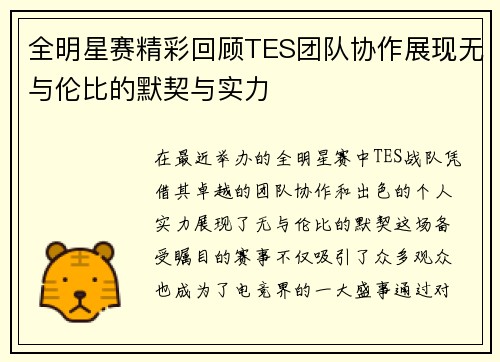 全明星赛精彩回顾TES团队协作展现无与伦比的默契与实力