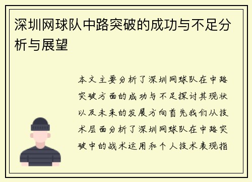 深圳网球队中路突破的成功与不足分析与展望