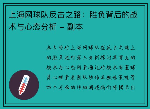 上海网球队反击之路：胜负背后的战术与心态分析 - 副本
