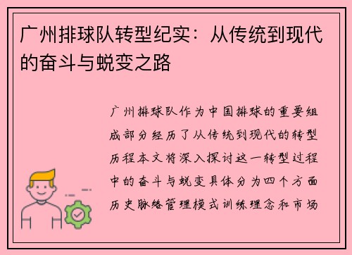 广州排球队转型纪实：从传统到现代的奋斗与蜕变之路